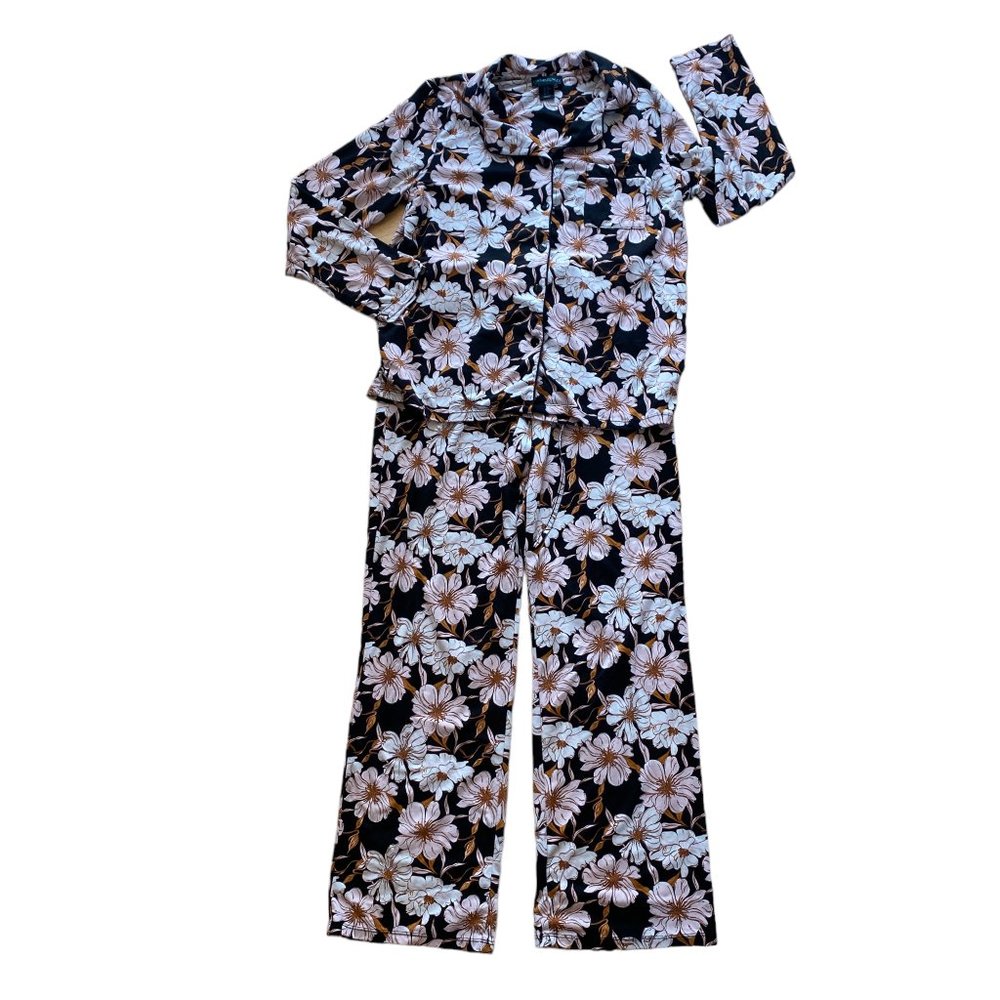 Cynthia Rowley Black Floral Pajama Set with White & Light Pink Flowers